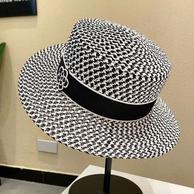 Women Flowers Pearls Band Black White Hollow Weave Paper Straw Cap Breathable Elegant Flat Hat