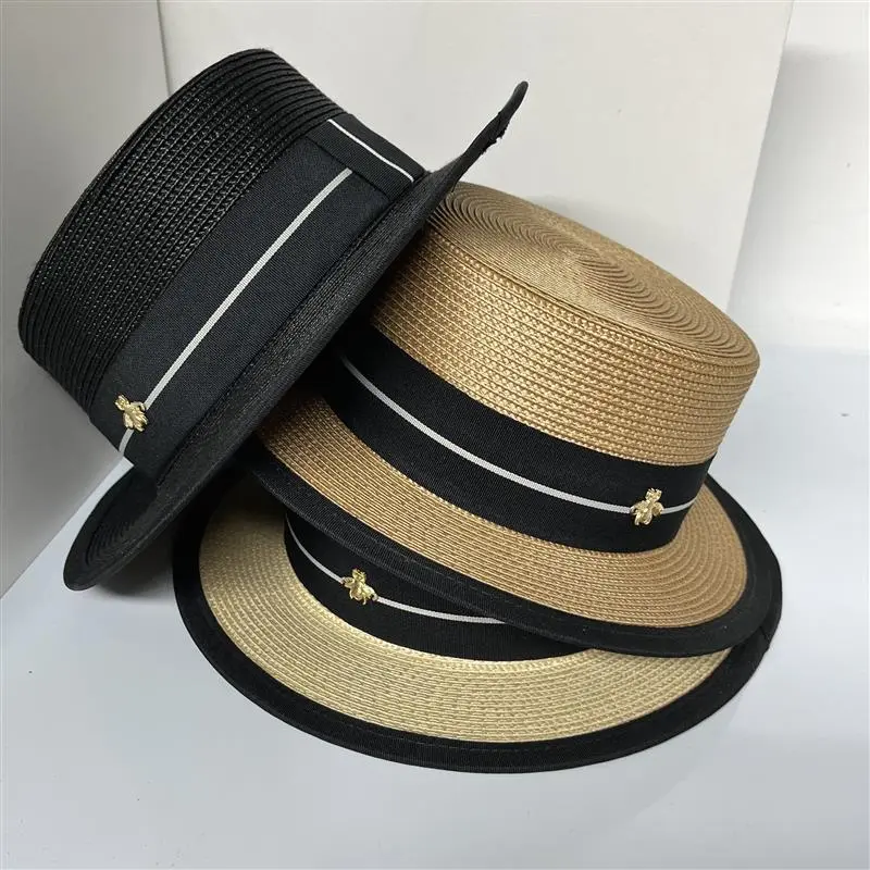 Women's Bee Travel Sunscreen Flat Top Boater Hat Female British Style Sunshade Holiday Light Beach Sun Straw Hat