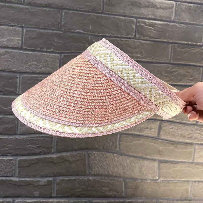 Natural Straw Sun Visor Women Empty Top Hat Fashion Stripe Leisure Beach Riding Sun Hat Ladies Summer New Sun Visor