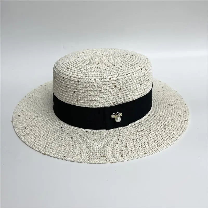 Ladies Sun Boater Flat Hats Small Bee Sequins Straw Hat Retro Gold Braided Hat Female Sunshade Shine Flat Cap RH