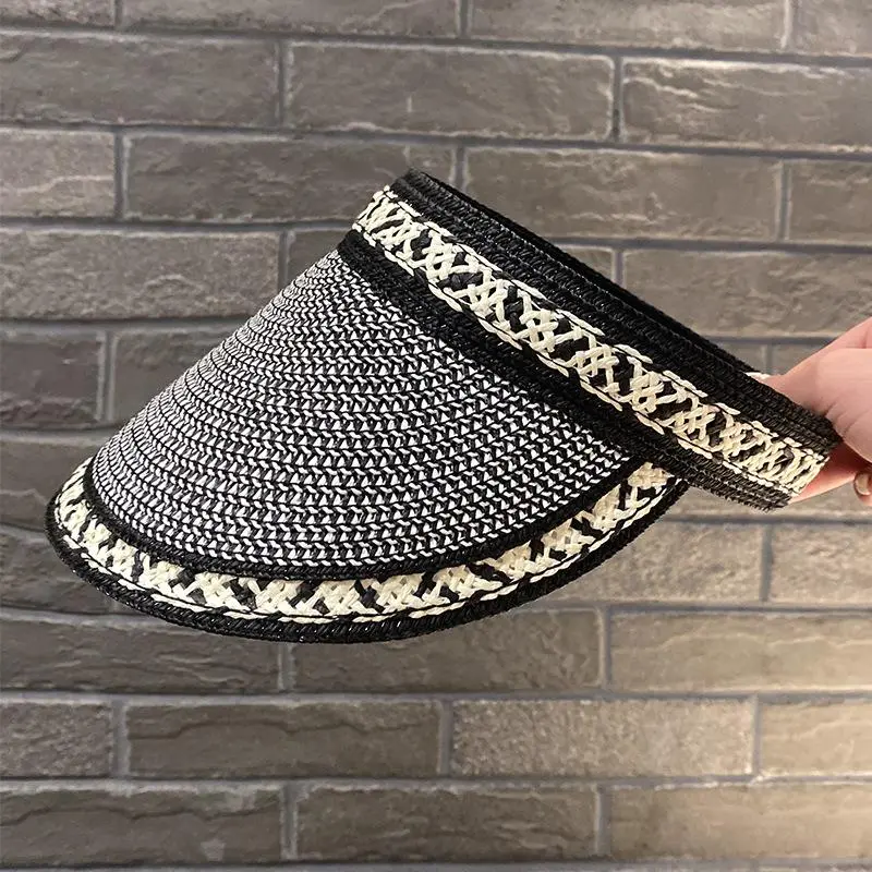 Natural Straw Sun Visor Women Empty Top Hat Fashion Stripe Leisure Beach Riding Sun Hat Ladies Summer New Sun Visor