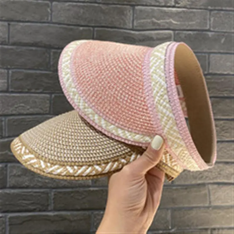 Natural Straw Sun Visor Women Empty Top Hat Fashion Stripe Leisure Beach Riding Sun Hat Ladies Summer New Sun Visor
