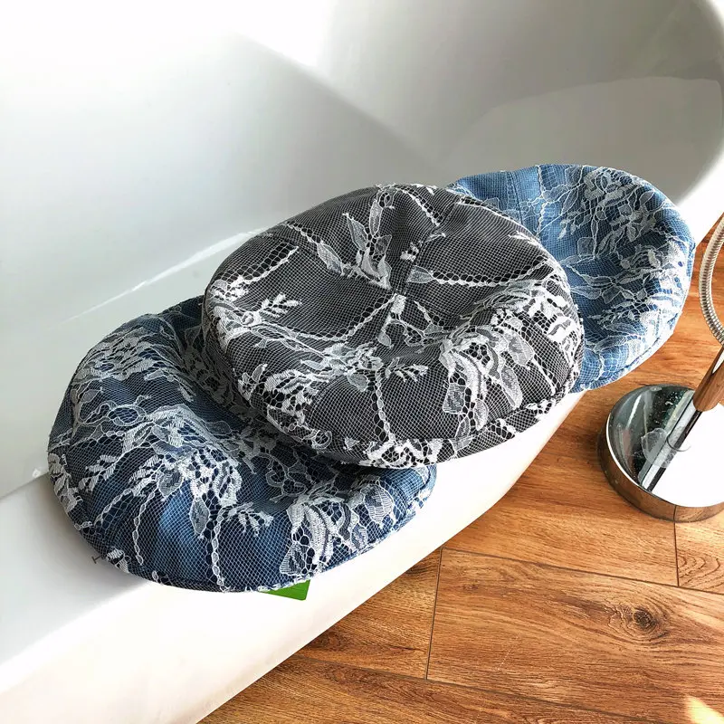 Women Fashion Sweet Lace Flower Patchwork Denim Blue Berets Tie Dye Retro Temperament Pumpkin Beret Hat