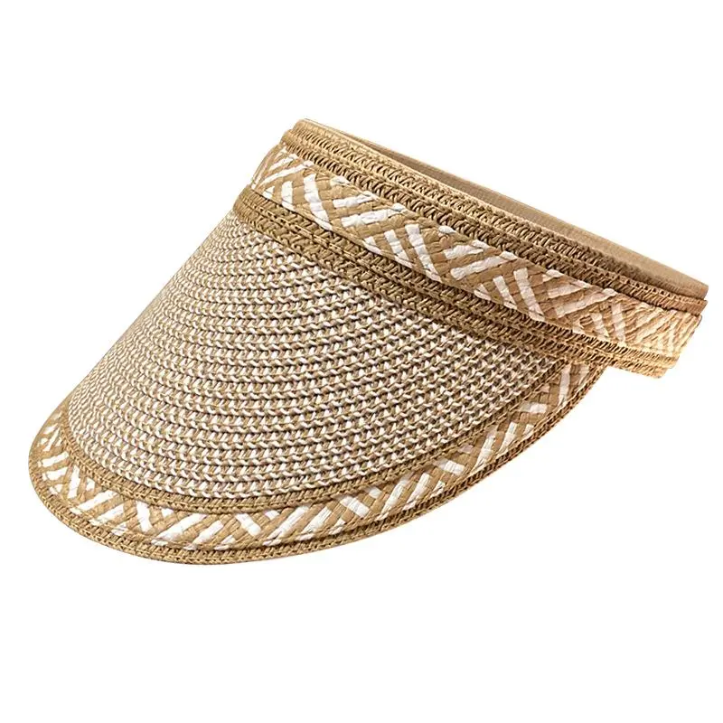 Natural Straw Sun Visor Women Empty Top Hat Fashion Stripe Leisure Beach Riding Sun Hat Ladies Summer New Sun Visor