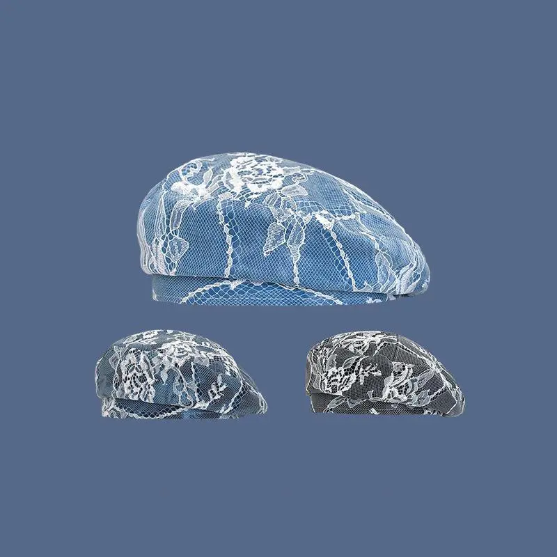 Women Fashion Sweet Lace Flower Patchwork Denim Blue Berets Tie Dye Retro Temperament Pumpkin Beret Hat