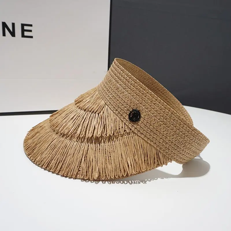 RH Spring Summer New Fashion Visor Straw Hat Female Tassels Design Empty Top Outdoor Women Sun Caps