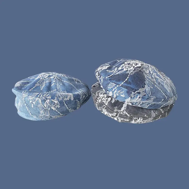 Women Fashion Sweet Lace Flower Patchwork Denim Blue Berets Tie Dye Retro Temperament Pumpkin Beret Hat