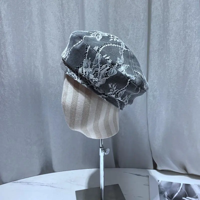 Women Fashion Sweet Lace Flower Patchwork Denim Blue Berets Tie Dye Retro Temperament Pumpkin Beret Hat