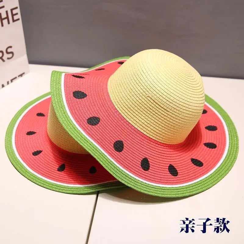 Parent Child Fruit Watermelon Orange Paint Cartoon Sun Girl Mother Kids Round Floppy Straw Hat