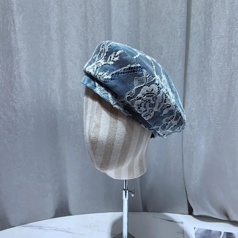 Women Fashion Sweet Lace Flower Patchwork Denim Blue Berets Tie Dye Retro Temperament Pumpkin Beret Hat
