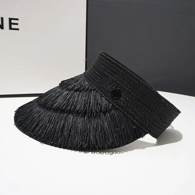 RH Spring Summer New Fashion Visor Straw Hat Female Tassels Design Empty Top Outdoor Women Sun Caps