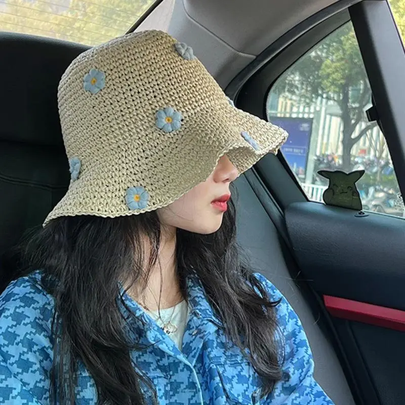 Ladies Summer Beach Sun Protection Fresh Little Flowers Fisherman Hat Sweet Lovely Casual Floral Bucket Straw Hat
