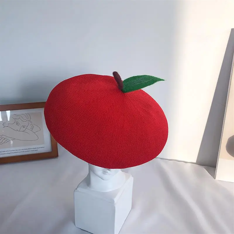 Adult Red Apple Spring Auntumn Breathable Knit Beret Fruit Painter Hat Female Bonnet ﻿Creative Gift