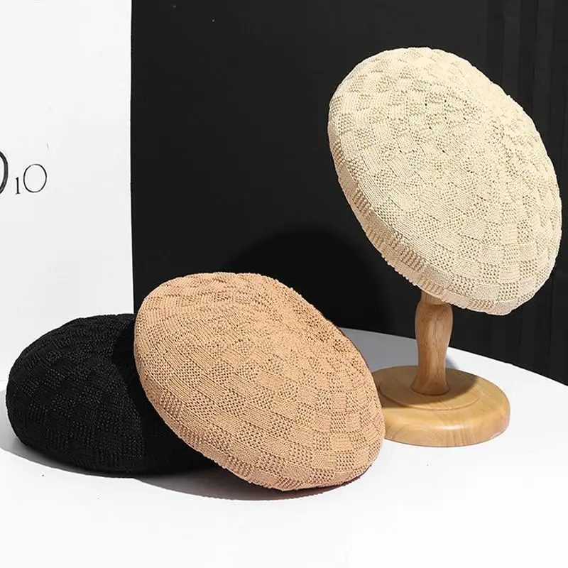 Female Spring Summer Fashionable Paper Grass Knit Plaid Beret Artist Hat Japanese Chessboard Checked Youngs Pumpkin Caps