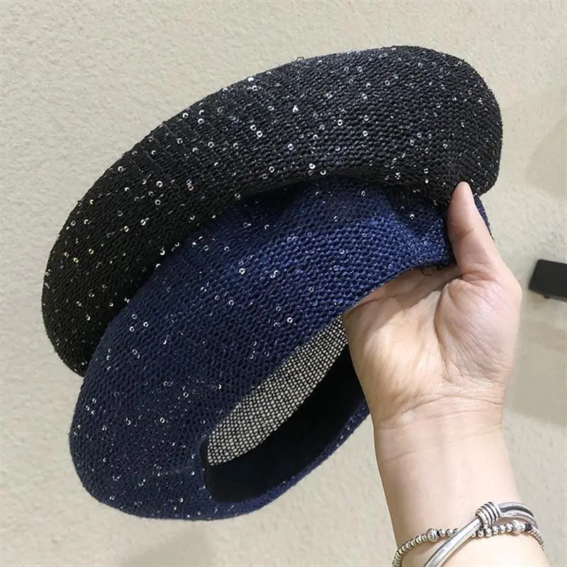 Female Silver Gold Sequins Hollowed Out Adjustable Berets Round Street Summer Breathable Style Beret Cap