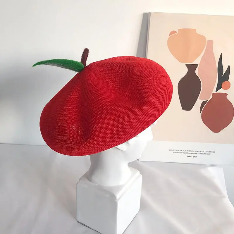 Adult Red Apple Spring Auntumn Breathable Knit Beret Fruit Painter Hat Female Bonnet ﻿Creative Gift