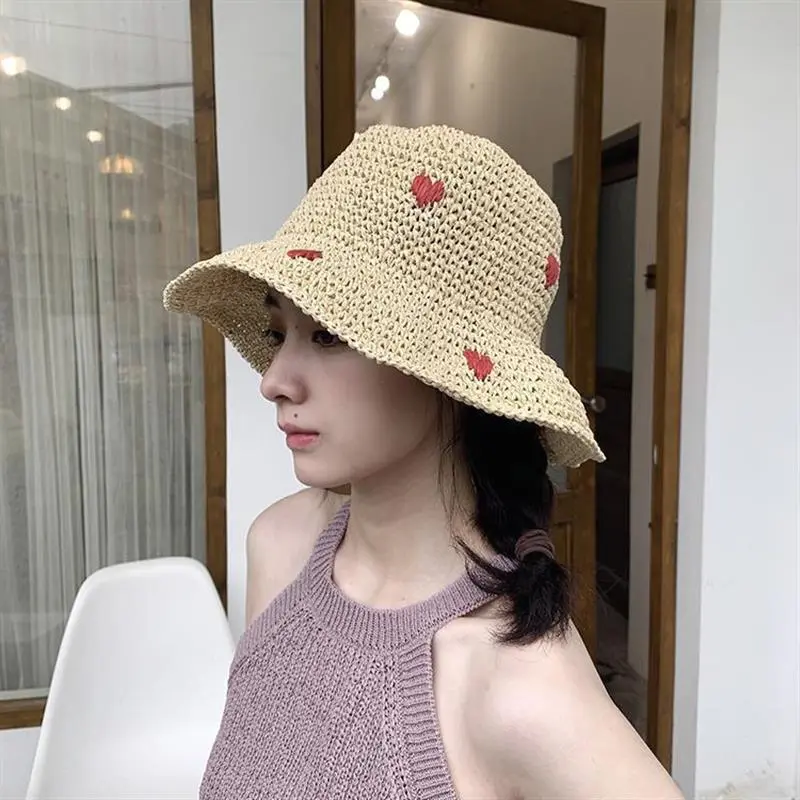 RH Women's Vacation Leisure Red Love Crochet Handmade Straw Hat Breathable Panama Paper Grass Summer Bucket Sun Hat