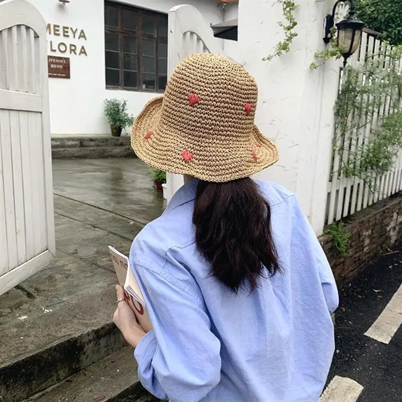 RH Women's Vacation Leisure Red Love Crochet Handmade Straw Hat Breathable Panama Paper Grass Summer Bucket Sun Hat