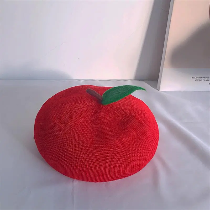 Adult Red Apple Spring Auntumn Breathable Knit Beret Fruit Painter Hat Female Bonnet ﻿Creative Gift