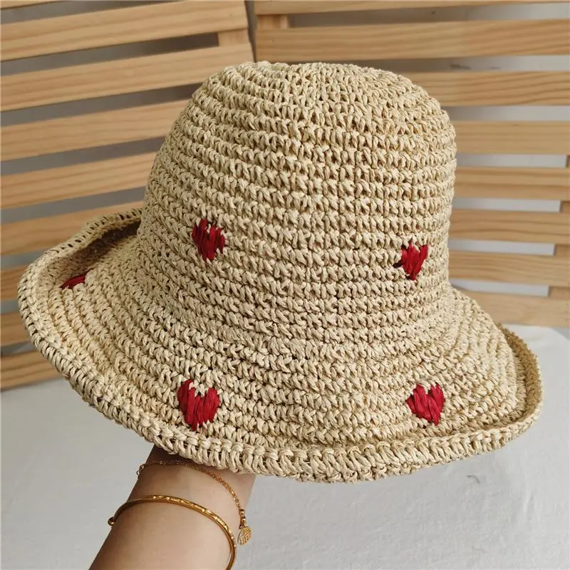 RH Women's Vacation Leisure Red Love Crochet Handmade Straw Hat Breathable Panama Paper Grass Summer Bucket Sun Hat