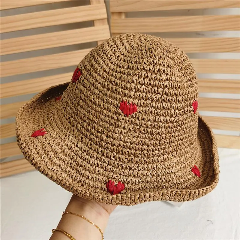 RH Women's Vacation Leisure Red Love Crochet Handmade Straw Hat Breathable Panama Paper Grass Summer Bucket Sun Hat
