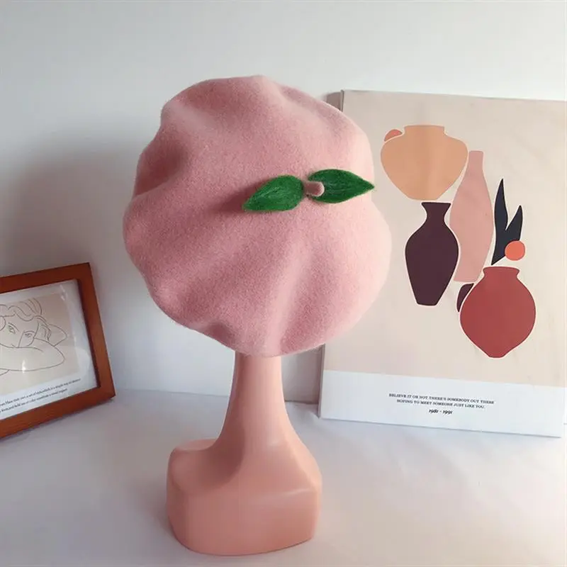 Handmade Pink Peach Fruit Women Girls French Beret Autumn Winter Fashion Green Leaves Wool Felt Cute Berets