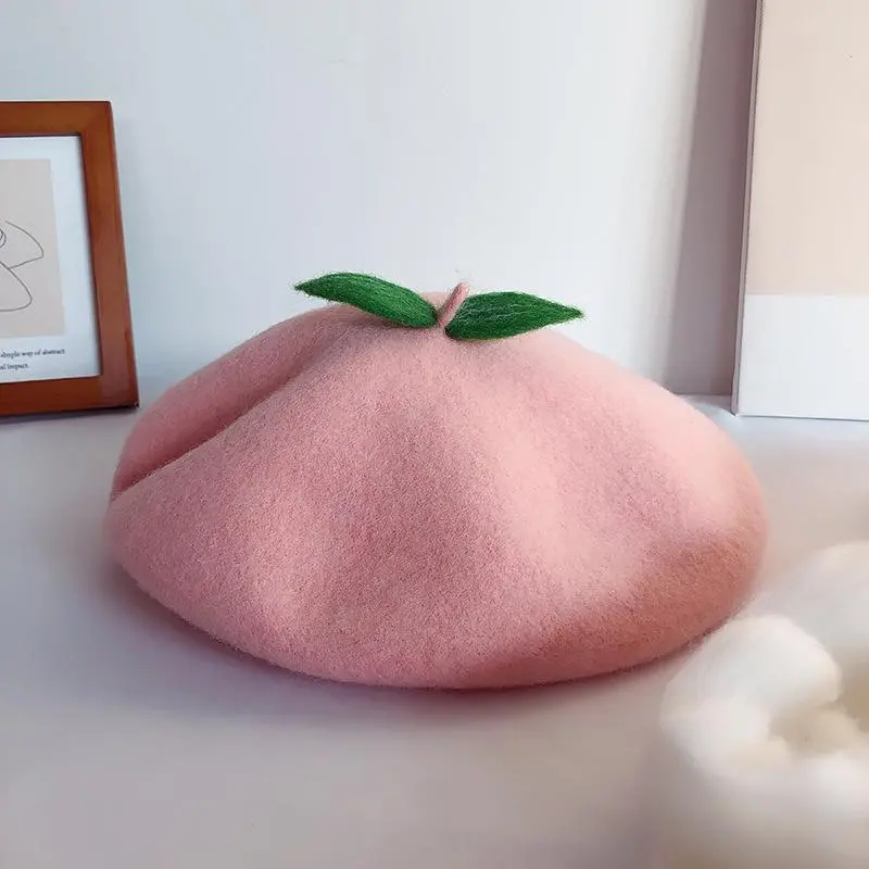 Handmade Pink Peach Fruit Women Girls French Beret Autumn Winter Fashion Green Leaves Wool Felt Cute Berets