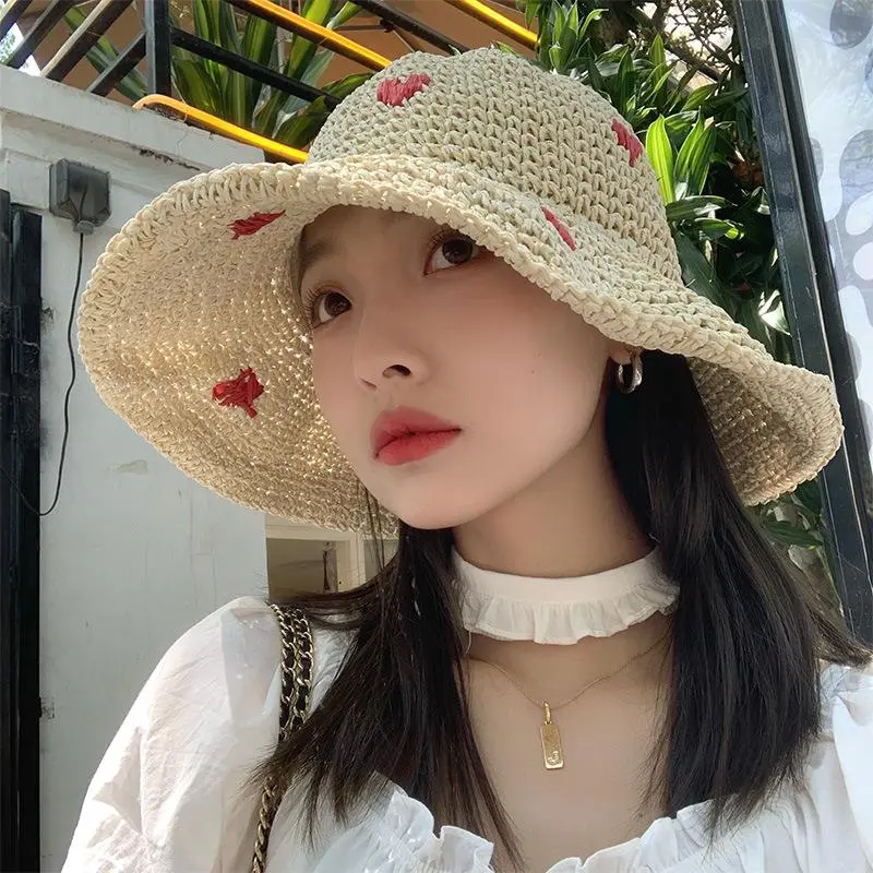 RH Women's Vacation Leisure Red Love Crochet Handmade Straw Hat Breathable Panama Paper Grass Summer Bucket Sun Hat