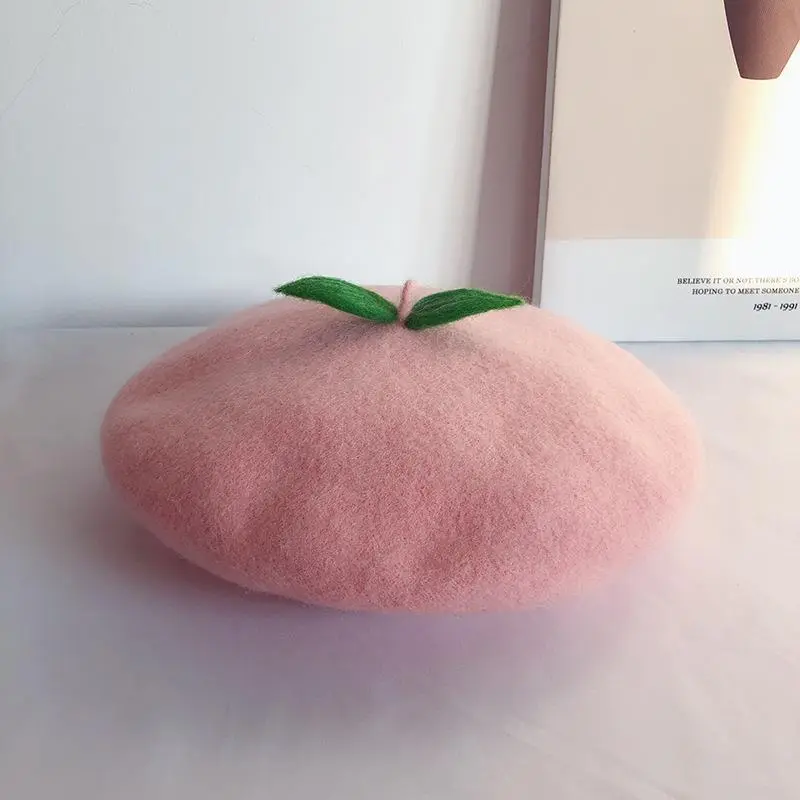 Handmade Pink Peach Fruit Women Girls French Beret Autumn Winter Fashion Green Leaves Wool Felt Cute Berets