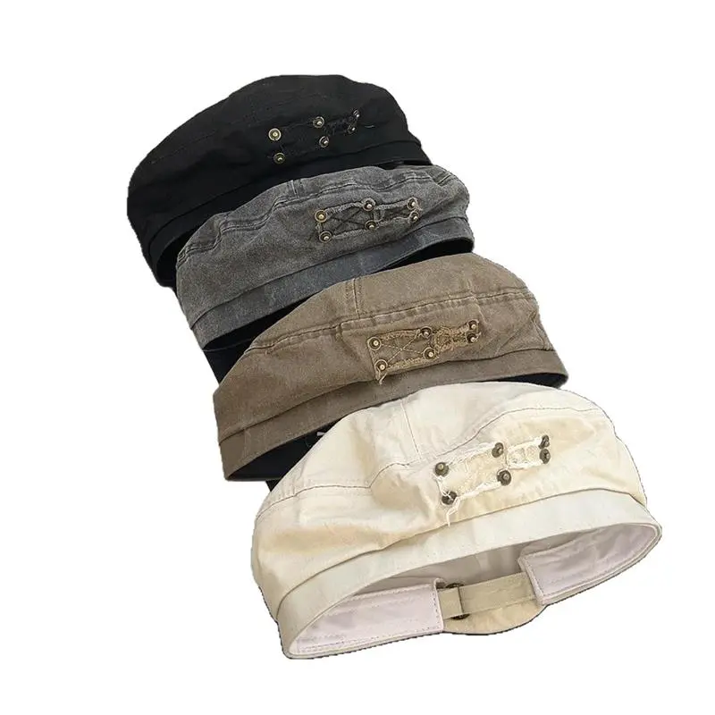 Retro Old Washed Out Denim Beret Spring Autumn Casual Buttons Adjustable Cotton Canvas Berets Caps