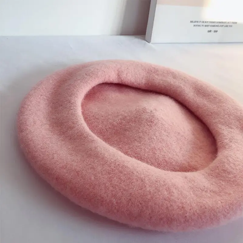 Handmade Pink Peach Fruit Women Girls French Beret Autumn Winter Fashion Green Leaves Wool Felt Cute Berets