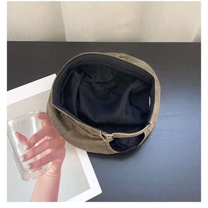 Retro Old Washed Out Denim Beret Spring Autumn Casual Buttons Adjustable Cotton Canvas Berets Caps
