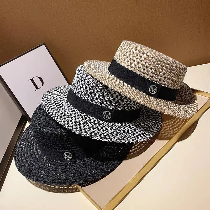 Summer Flat Top Hollow out Billycock Women's British Style Plaid Woven Outdoor Beach Hat Sun Protection by the Sea Sun-Proof Hat