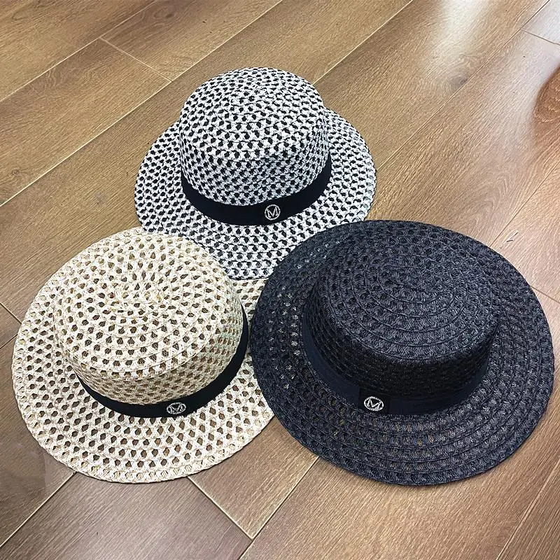 Summer Flat Top Hollow out Billycock Women's British Style Plaid Woven Outdoor Beach Hat Sun Protection by the Sea Sun-Proof Hat