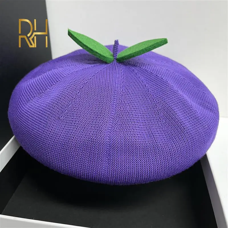 RH Handmade Spring Summer Autumn Ladies Fresh Sweet Breathable Beret Cap Fruit Kawaii Green Leaf Creative Gift Women's Hats