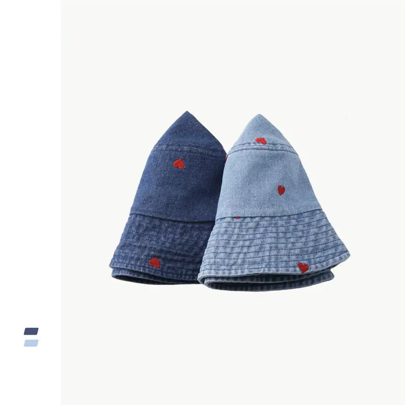 2023 Denim Bucket Hat with Heart Embroidery Spring and Summer Women Cute Wide Brim Sun Protection Hat for Girls Beach Travel
