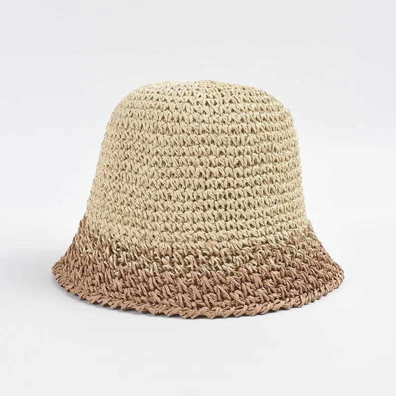 Female Gradient Color Straw Crochet Bucket Hat Women's Casual Sunshade Beach Hats Foldable Sun Cap