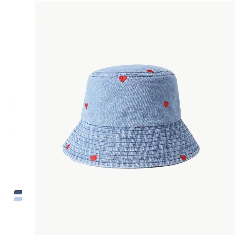 2023 Denim Bucket Hat with Heart Embroidery Spring and Summer Women Cute Wide Brim Sun Protection Hat for Girls Beach Travel