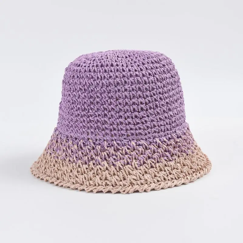Female Gradient Color Straw Crochet Bucket Hat Women's Casual Sunshade Beach Hats Foldable Sun Cap