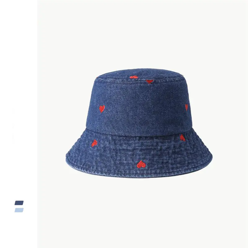 2023 Denim Bucket Hat with Heart Embroidery Spring and Summer Women Cute Wide Brim Sun Protection Hat for Girls Beach Travel