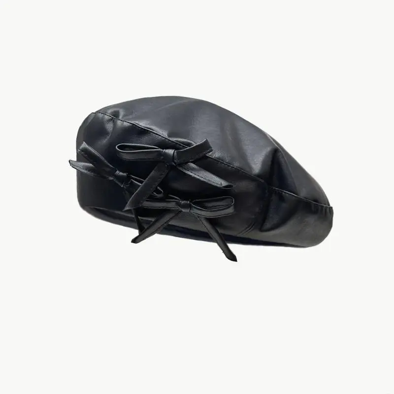 Women Girl Beret French Artist Fashion Bow Ribbon Beanie Hat Cap Vintage Plain Beret Hats Solid Color Elegant Lady Leather Caps