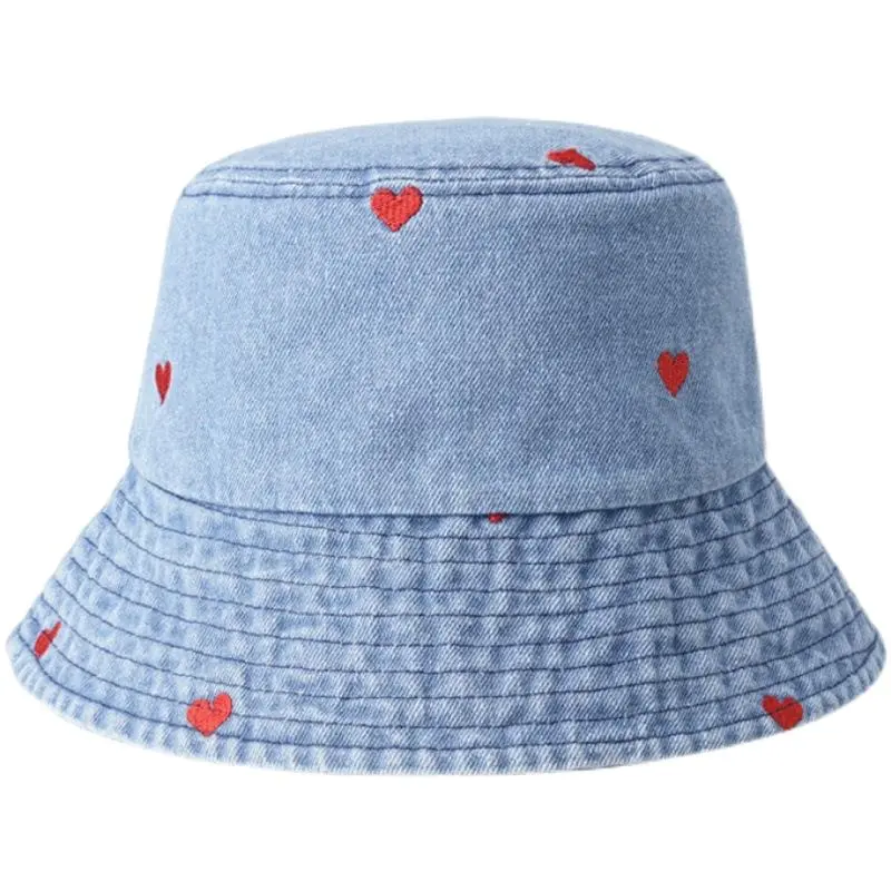 2023 Denim Bucket Hat with Heart Embroidery Spring and Summer Women Cute Wide Brim Sun Protection Hat for Girls Beach Travel