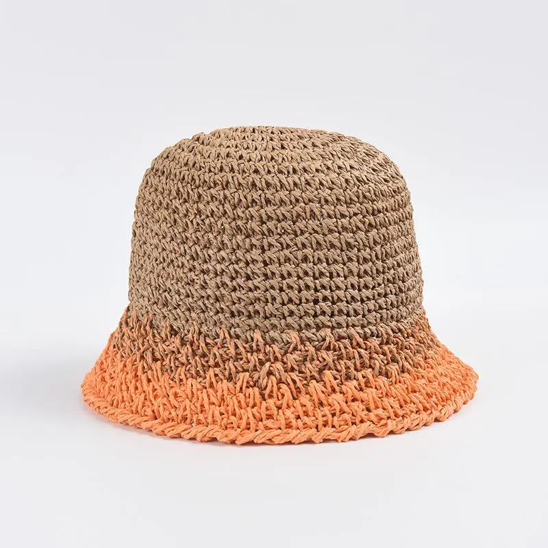 Female Gradient Color Straw Crochet Bucket Hat Women's Casual Sunshade Beach Hats Foldable Sun Cap