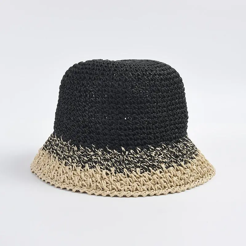 Female Gradient Color Straw Crochet Bucket Hat Women's Casual Sunshade Beach Hats Foldable Sun Cap