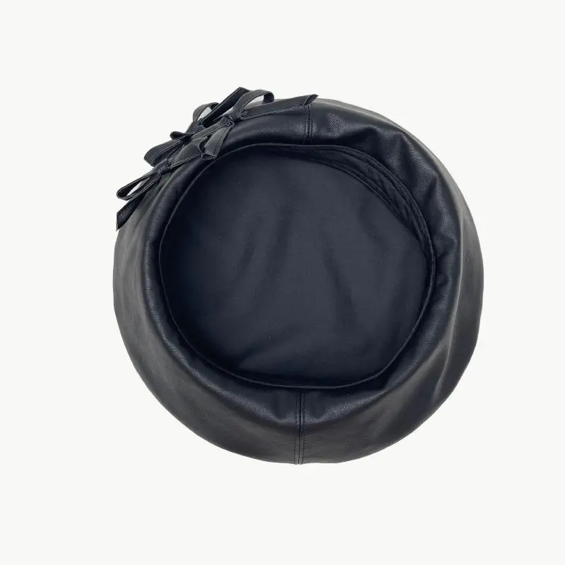 Women Girl Beret French Artist Fashion Bow Ribbon Beanie Hat Cap Vintage Plain Beret Hats Solid Color Elegant Lady Leather Caps