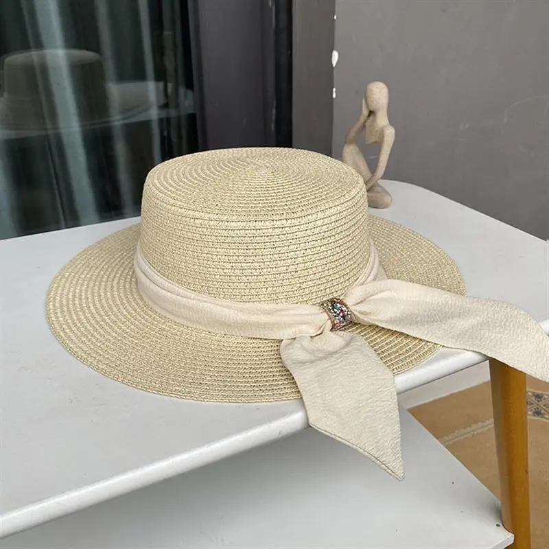 2023 New Sun Fedora Hats Women Men Caps Flat Top Wide Brim Straw Hat Summer Beach Casual White Ribbon Panama Hats for Ladies