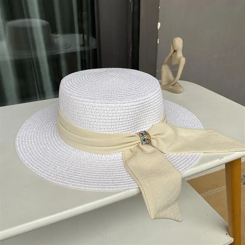 2023 New Sun Fedora Hats Women Men Caps Flat Top Wide Brim Straw Hat Summer Beach Casual White Ribbon Panama Hats for Ladies