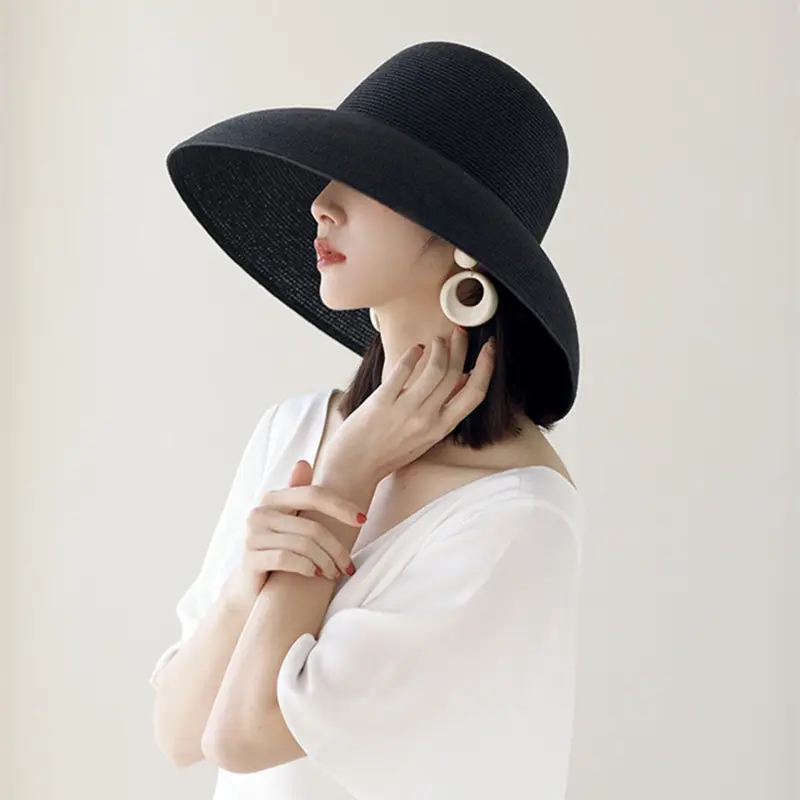 Women Summer Large Brim French Sun Hepburn Style Beach Foldable Big Round Church Party Wide Travel Hat