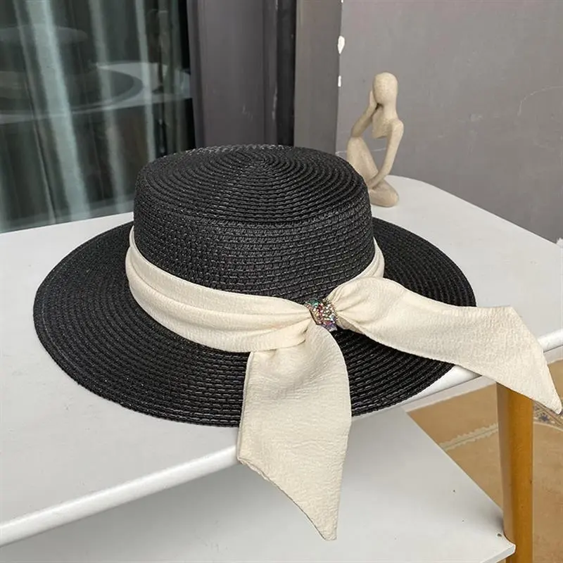 2023 New Sun Fedora Hats Women Men Caps Flat Top Wide Brim Straw Hat Summer Beach Casual White Ribbon Panama Hats for Ladies