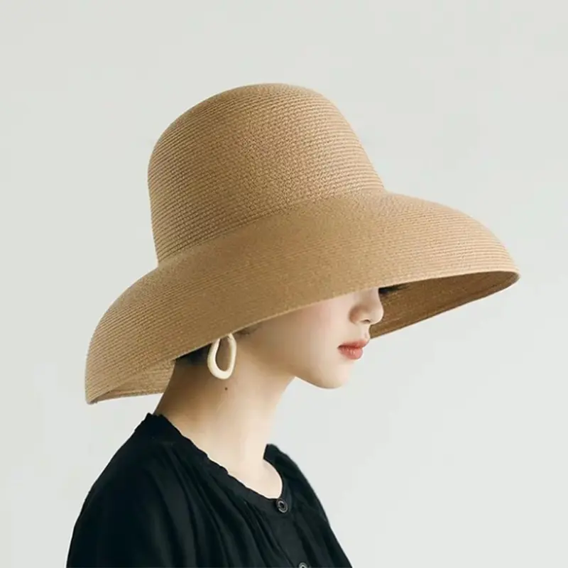 Women Summer Large Brim French Sun Hepburn Style Beach Foldable Big Round Church Party Wide Travel Hat